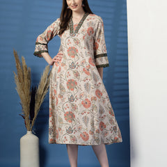 Elegant Beige A-Line Dress with Printed & Threadwork Detailing - Rama's Kurti Jaipur 