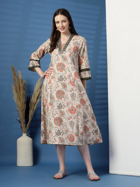 Elegant Beige A-Line Dress with Printed & Threadwork Detailing - Rama's Kurti Jaipur 
