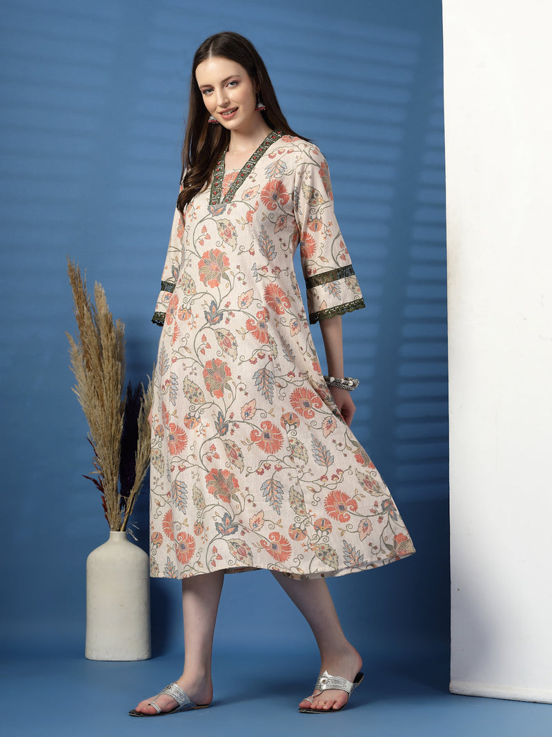 Elegant Beige A-Line Dress with Printed & Threadwork Detailing - Rama's Kurti Jaipur 