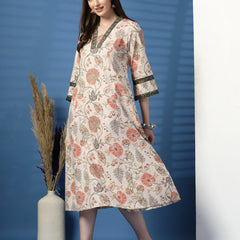 Elegant Beige A-Line Dress with Printed & Threadwork Detailing - Rama's Kurti Jaipur 