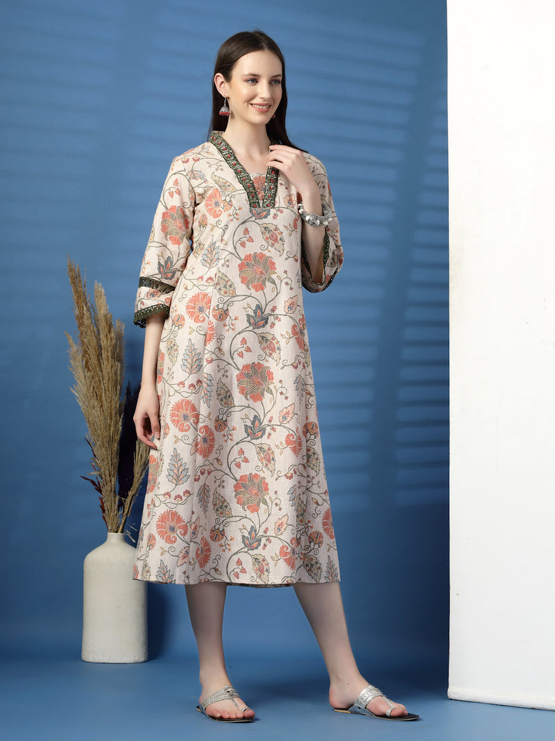 Elegant Beige A-Line Dress with Printed & Threadwork Detailing - Rama's Kurti Jaipur 