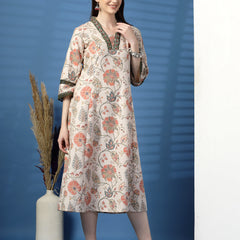 Elegant Beige A-Line Dress with Printed & Threadwork Detailing - Rama's Kurti Jaipur 