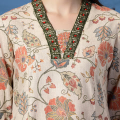 Elegant Beige A-Line Dress with Printed & Threadwork Detailing - Rama's Kurti Jaipur 
