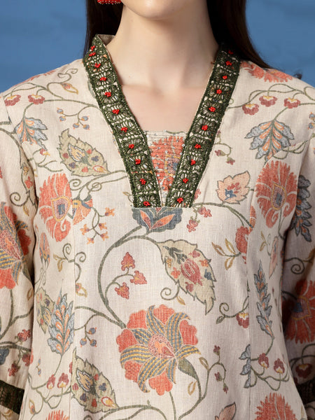 Elegant Beige A-Line Dress with Printed & Threadwork Detailing - Rama's Kurti Jaipur 