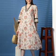 Elegant Beige A-Line Dress with Printed & Threadwork Detailing - Rama's Kurti Jaipur 
