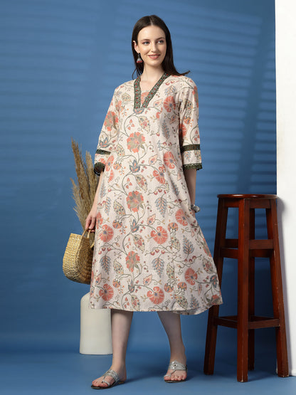 Elegant Beige A-Line Dress with Printed & Threadwork Detailing