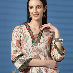 Elegant Beige A-Line Dress with Printed & Threadwork Detailing - Rama's Kurti Jaipur 