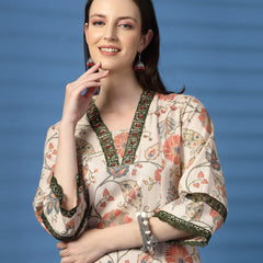 Elegant Beige A-Line Dress with Printed & Threadwork Detailing - Rama's Kurti Jaipur 