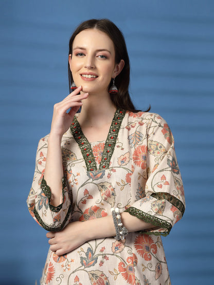 Elegant Beige A-Line Dress with Printed & Threadwork Detailing