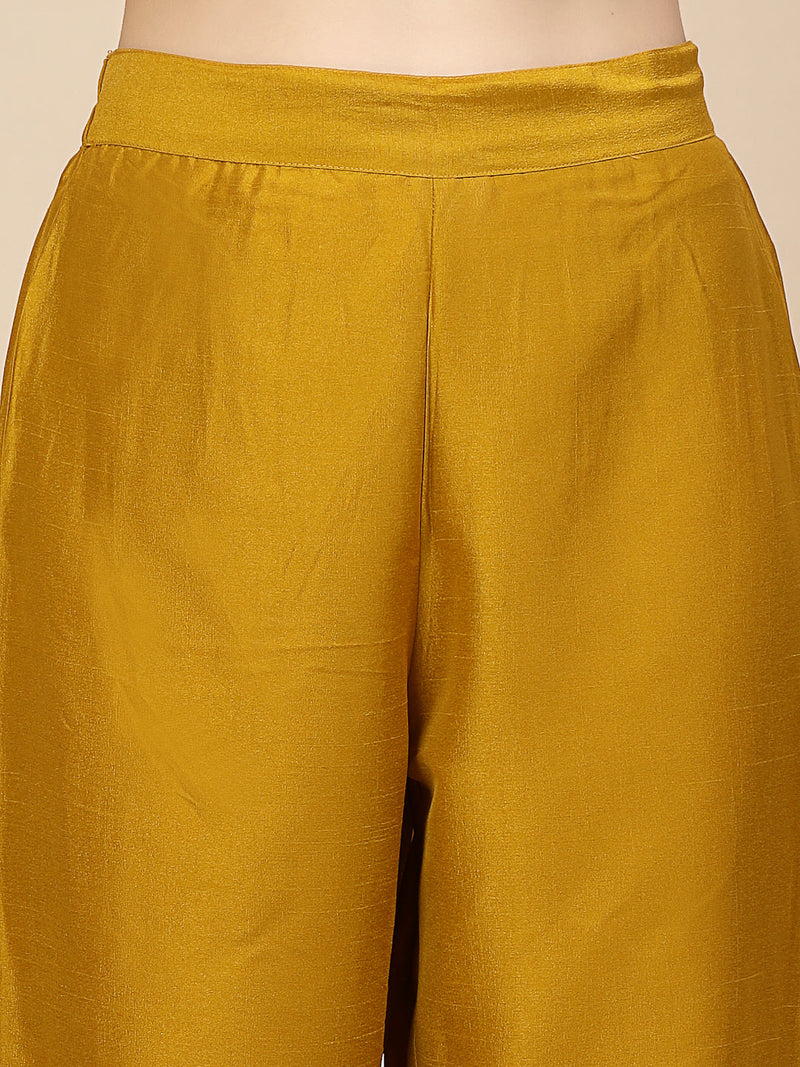 Women Mustard Yoke Design A-Line Kurta And Trousers With Dupatta