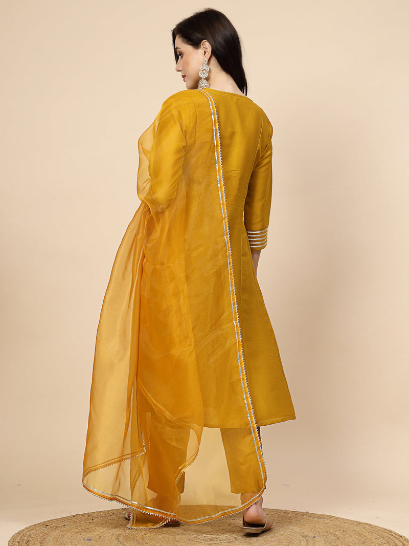Women Mustard Yoke Design A-Line Kurta And Trousers With Dupatta