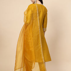 Women Mustard Yoke Design A-Line Kurta And Trousers With Dupatta