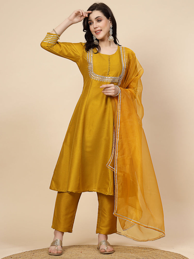 Women Mustard Yoke Design A-Line Kurta And Trousers With Dupatta