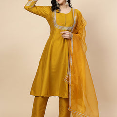 Women Mustard Yoke Design A-Line Kurta And Trousers With Dupatta