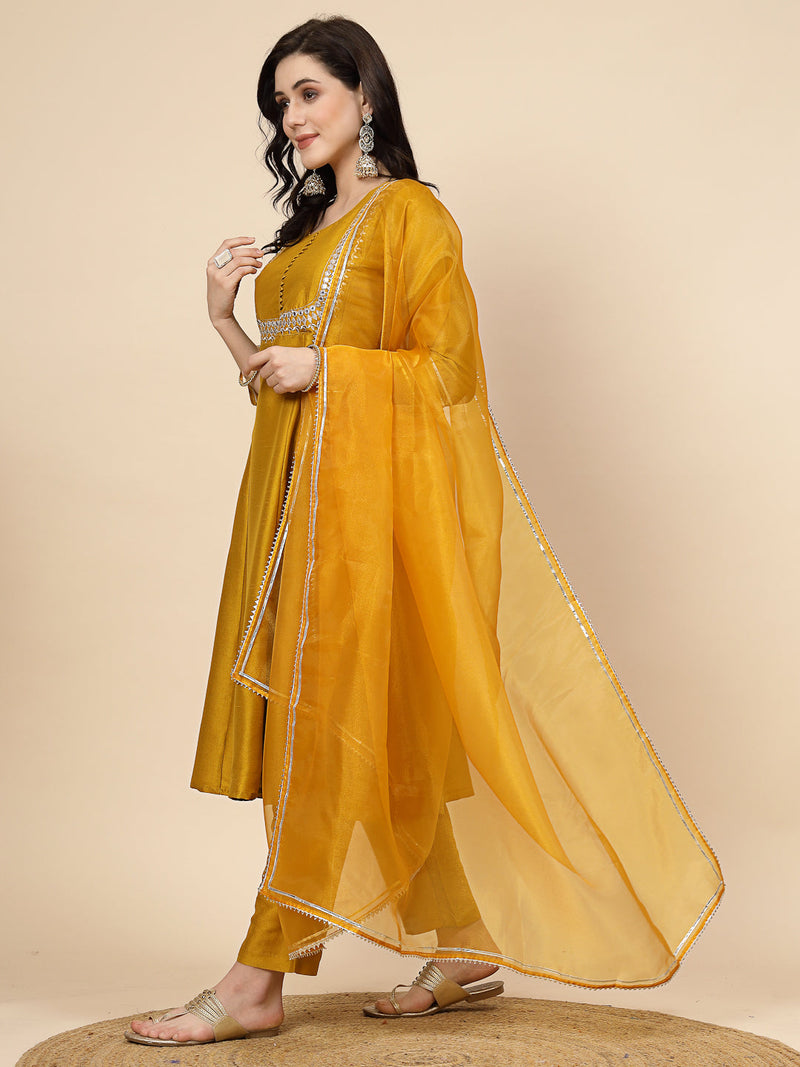 Women Mustard Yoke Design A-Line Kurta And Trousers With Dupatta