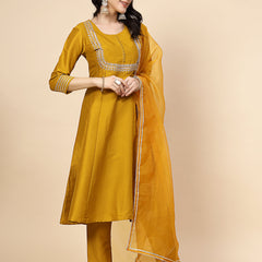 Women Mustard Yoke Design A-Line Kurta And Trousers With Dupatta