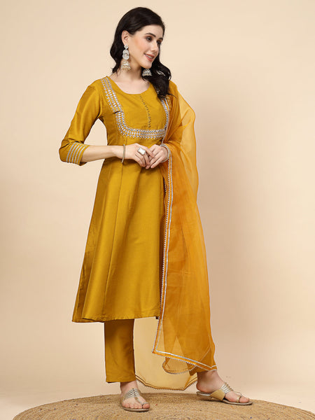 Women Mustard Yoke Design A-Line Kurta And Trousers With Dupatta