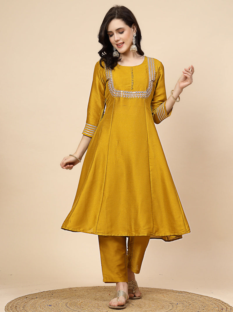 Women Mustard Yoke Design A-Line Kurta And Trousers With Dupatta
