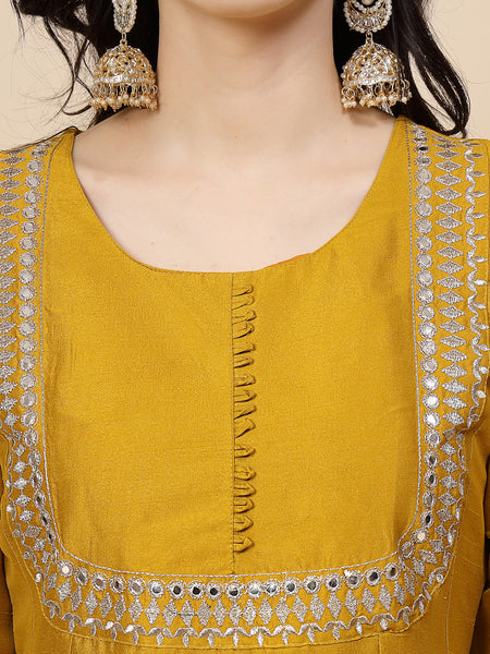 Women Mustard Yoke Design A-Line Kurta And Trousers With Dupatta