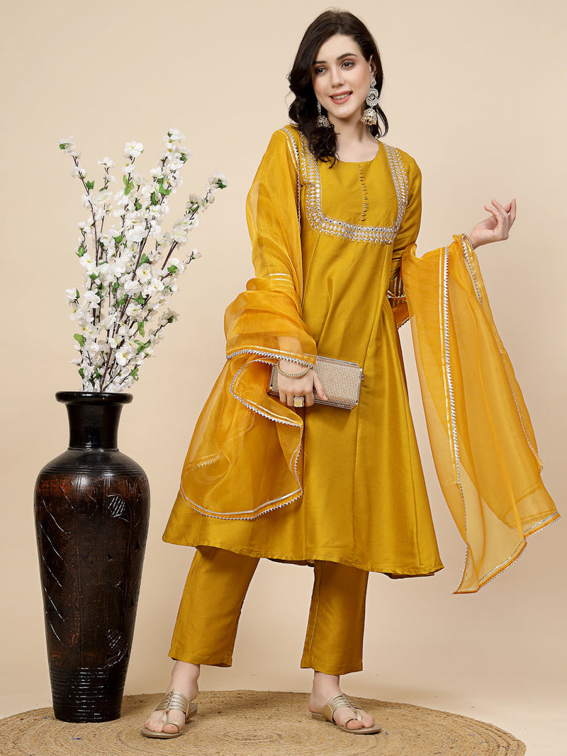 Women Mustard Yoke Design A-Line Kurta And Trousers With Dupatta