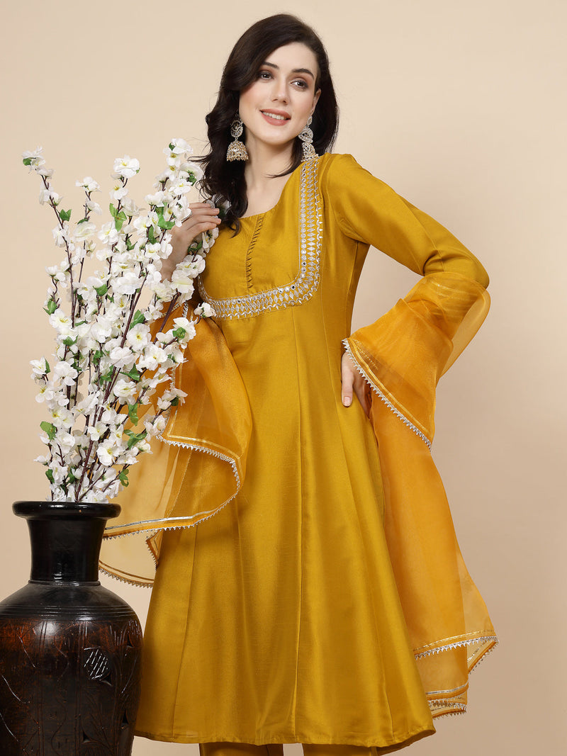 Women Mustard Yoke Design A-Line Kurta And Trousers With Dupatta
