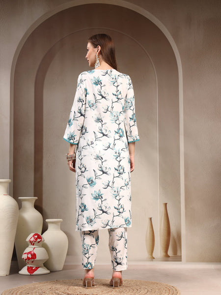 Women Floral Printed Regular Thread Work Kurta with Trousers
