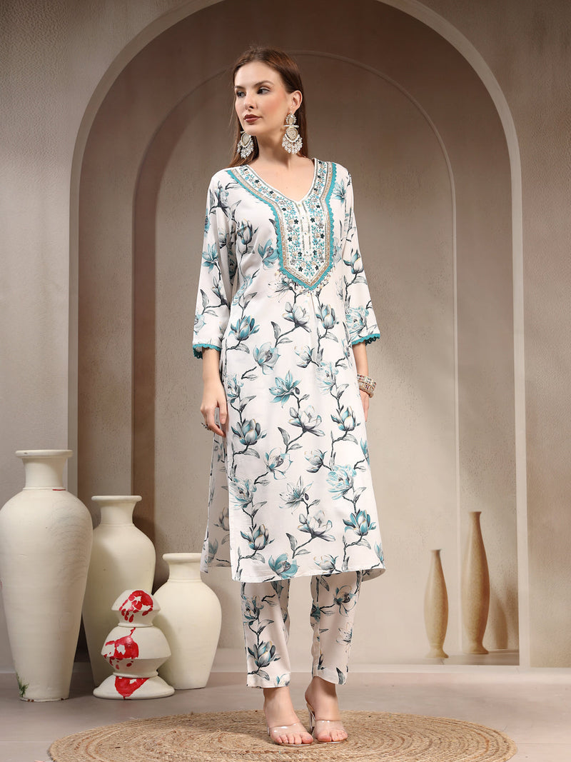 Women Floral Printed Regular Thread Work Kurta with Trousers
