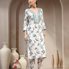 Women Floral Printed Regular Thread Work Kurta with Trousers