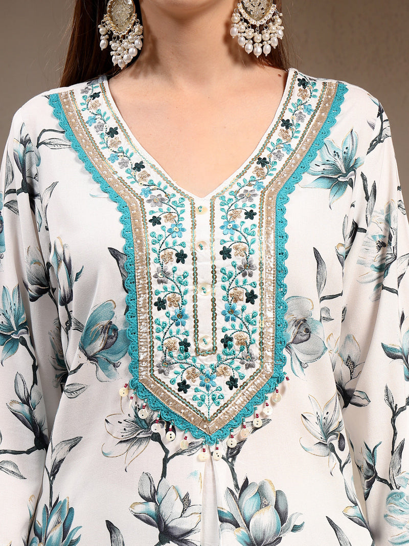 Women Floral Printed Regular Thread Work Kurta with Trousers