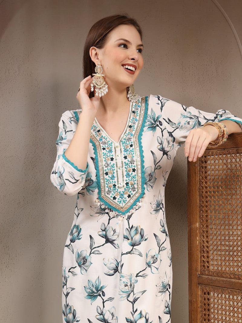 Women Floral Printed Regular Thread Work Kurta with Trousers