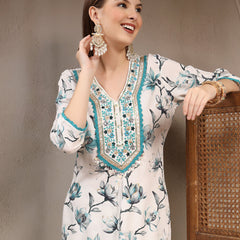 Women Floral Printed Regular Thread Work Kurta with Trousers