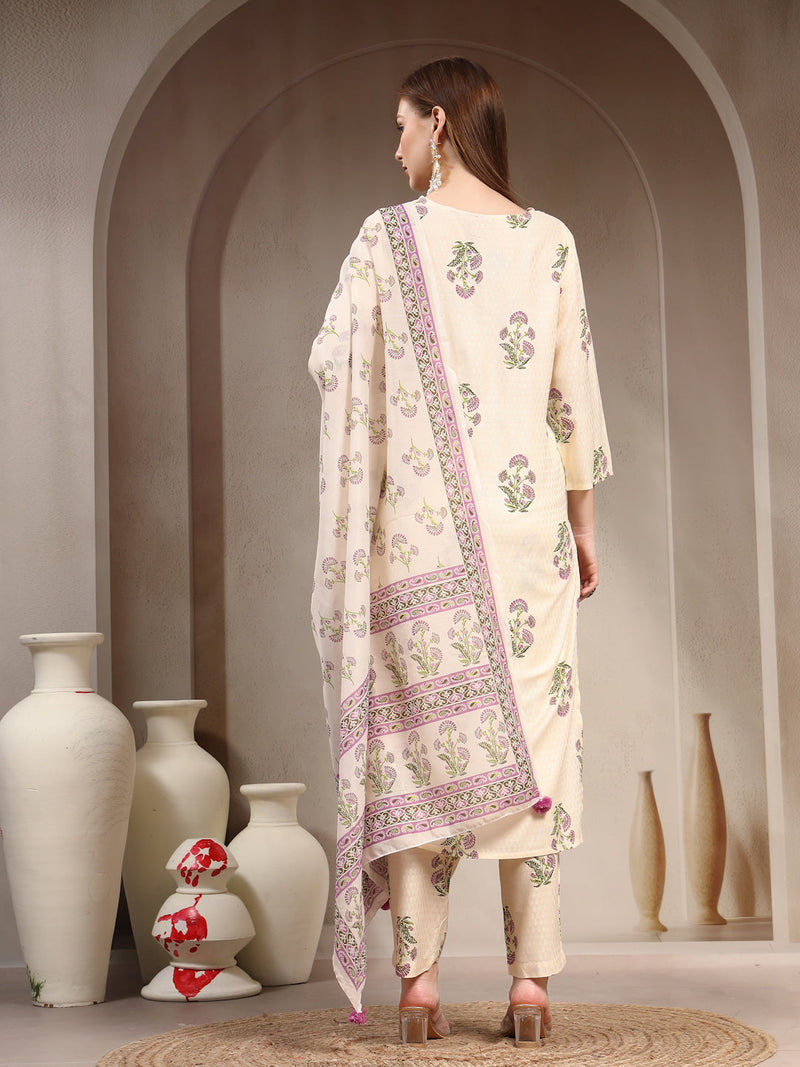 Women Floral Printed Regular Thread Work Kurta with Trousers & With Dupatta