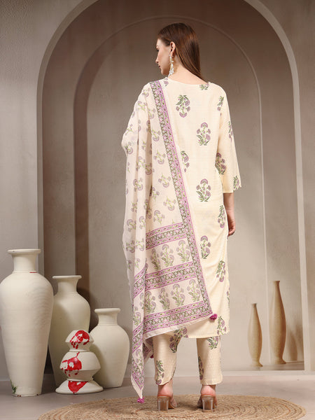 Women Floral Printed Regular Thread Work Kurta with Trousers & With Dupatta