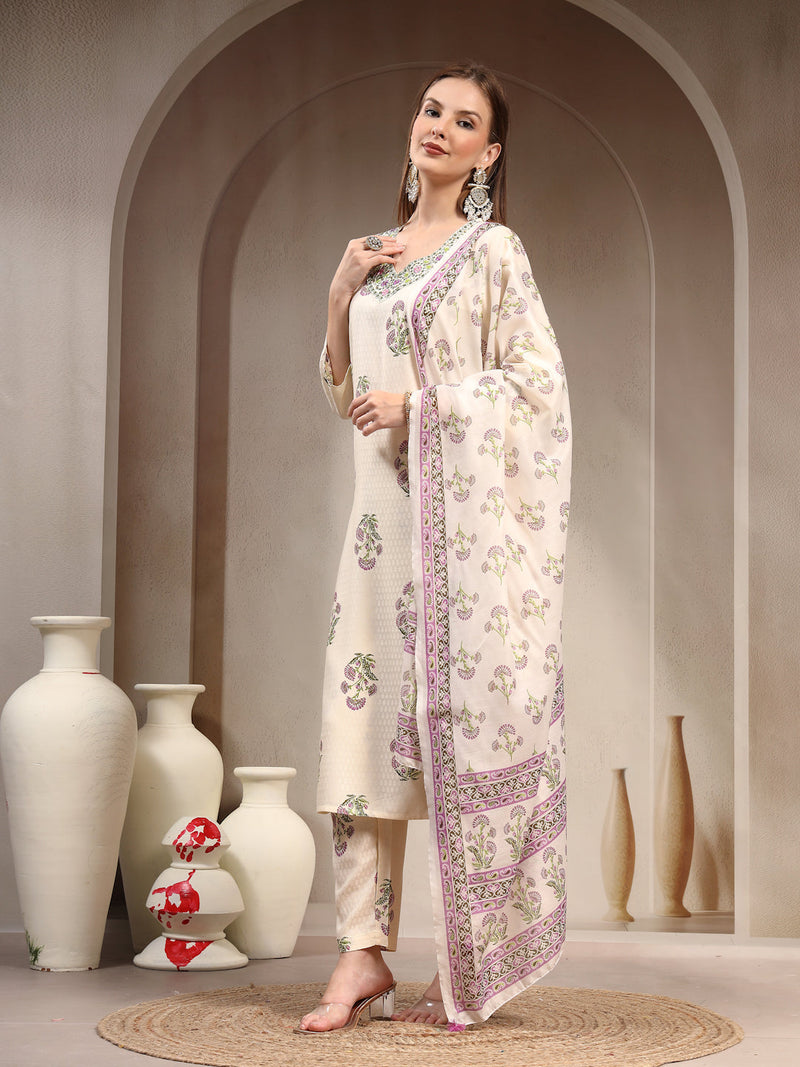 Women Floral Printed Regular Thread Work Kurta with Trousers & With Dupatta