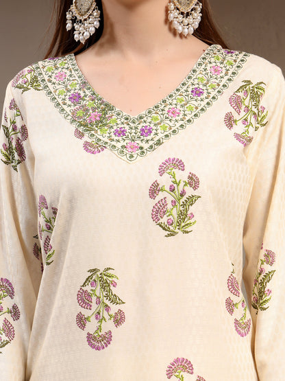 Women Floral Printed Regular Thread Work Kurta with Trousers & With Dupatta