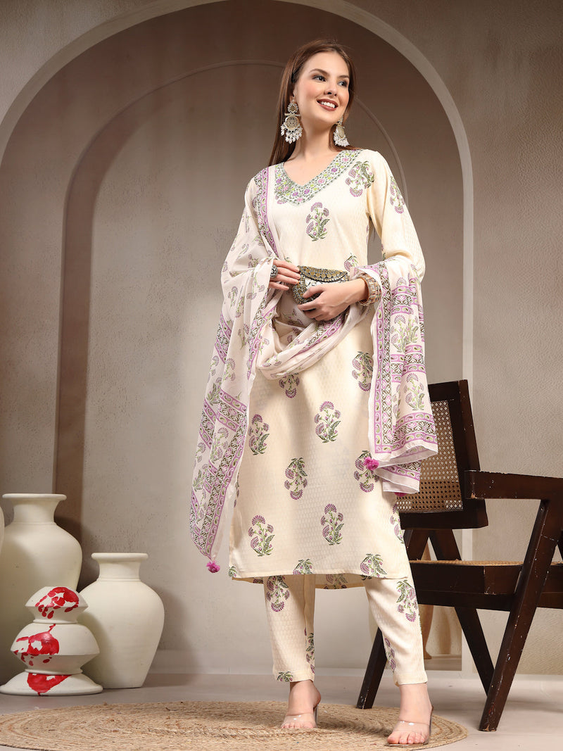 Women Floral Printed Regular Thread Work Kurta with Trousers & With Dupatta