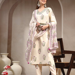 Women Floral Printed Regular Thread Work Kurta with Trousers & With Dupatta