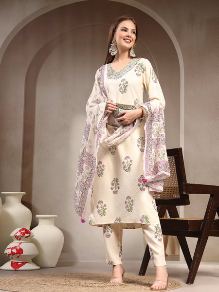 Women Floral Printed Regular Thread Work Kurta with Trousers & With Dupatta