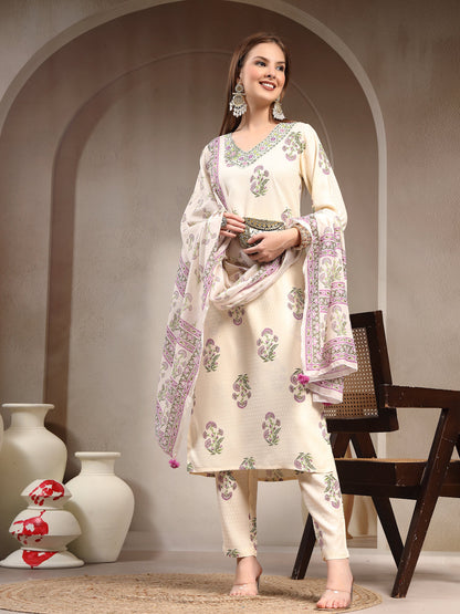 Women Floral Printed Regular Thread Work Kurta with Trousers & With Dupatta