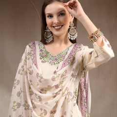 Women Floral Printed Regular Thread Work Kurta with Trousers & With Dupatta