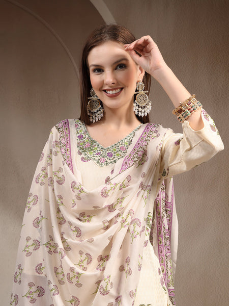 Women Floral Printed Regular Thread Work Kurta with Trousers & With Dupatta