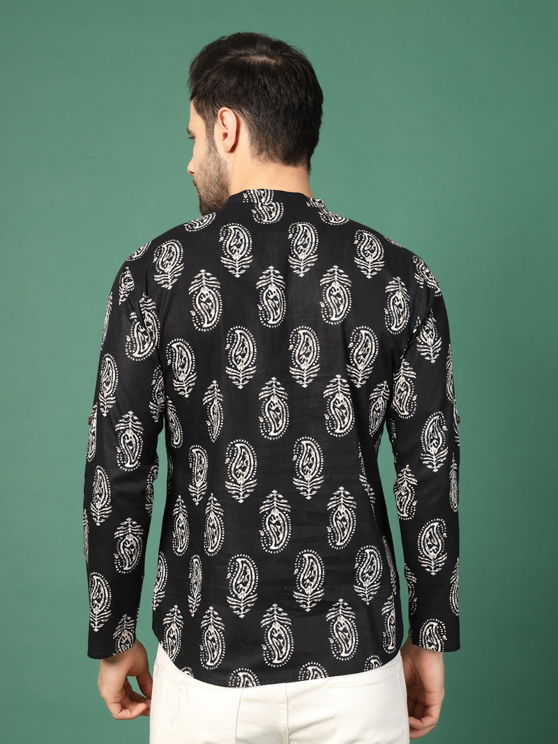 Men’s Black Printed Mandarin Collar Kurta