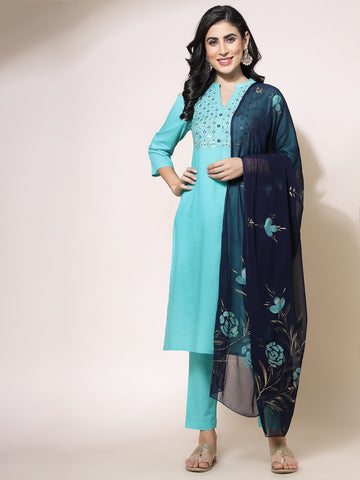 Women Turquoise Blue Color Embroidery Kurta Pant With Dupatta set
