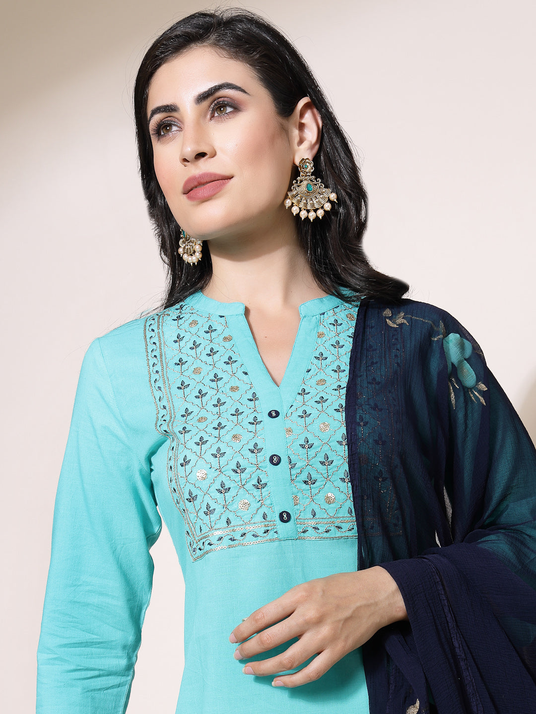 Women Turquoise Blue Color Embroidery Kurta Pant With Dupatta set