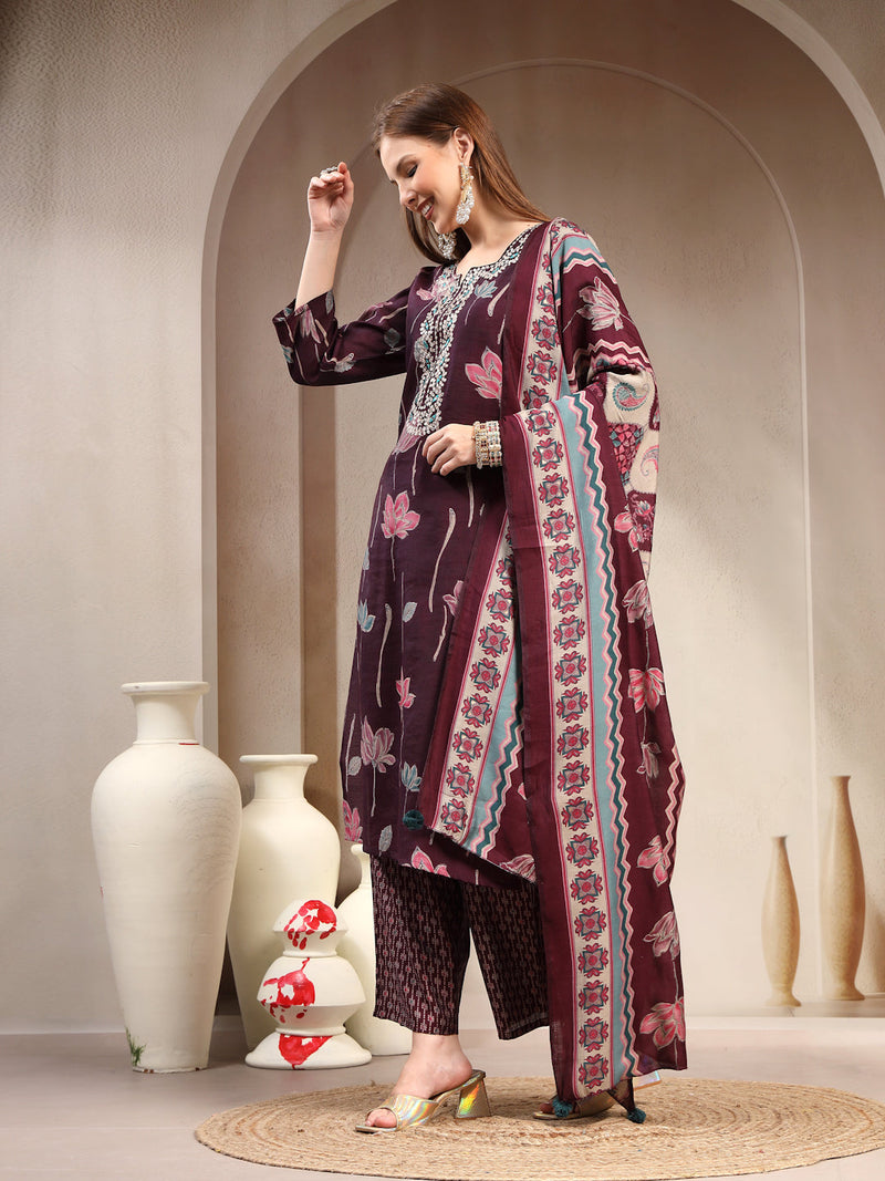 Women Floral Printed Regular Kurta with Trousers & With Dupatta