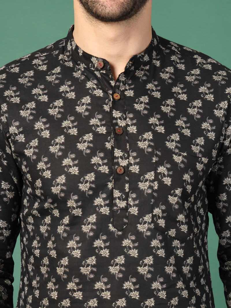 Men’s Black Printed Collar Kurta-Zoom
