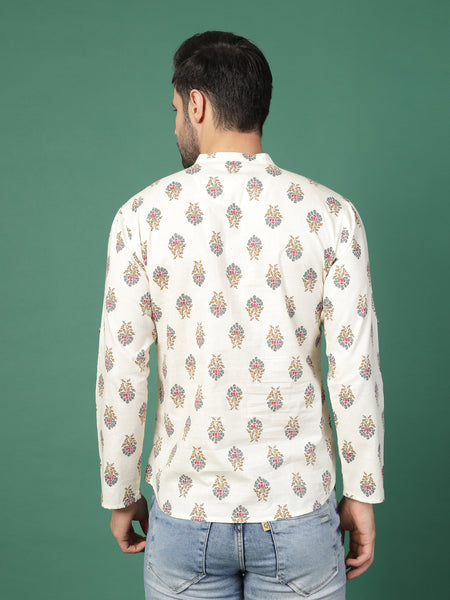 Pearl Edge Men’s Ethnic Printed Kurta with Mandarin Collar
