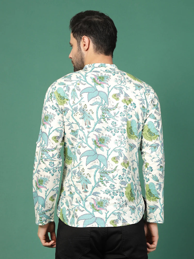 Back view of men printed mandarin collar shirt
