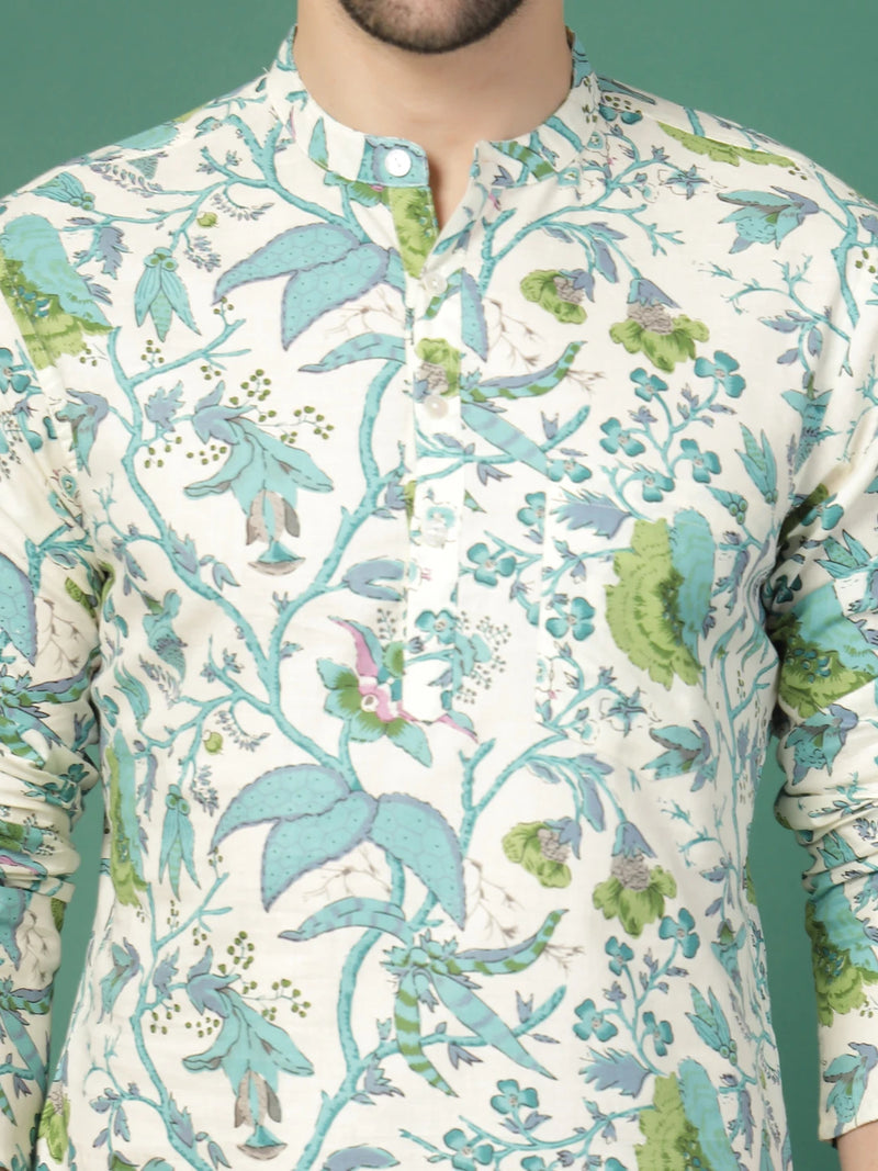 Men white floral printed mandarin collar shirt
