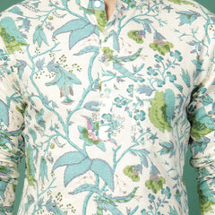 Men white floral printed mandarin collar shirt
